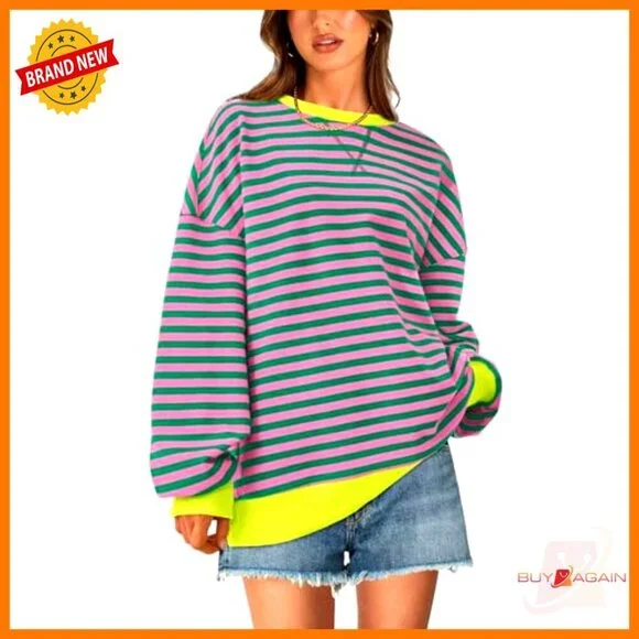 Oversized Striped Sweatshirt, Cotton Blend, Crew Neck, Long Sleeve, Loose Fit - Picture 3 of 7